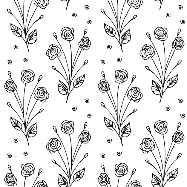 Nahtloses muster handgezeichnete konturzweige wilder blumen im doodle-stil