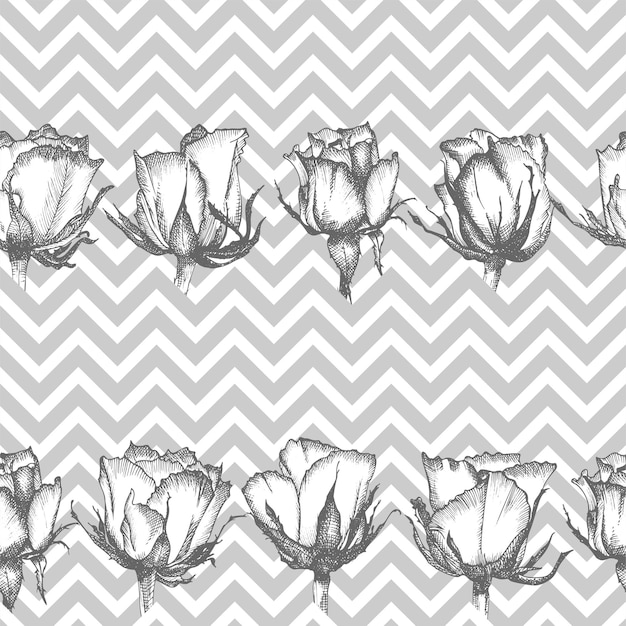 Nahtloses Muster Handgezeichnete Skizze Rosen Detaillierte Vintage botanische Iluatration Blumenrahmen Schwarze Silhouette isoliert auf weißem Hintergrund
