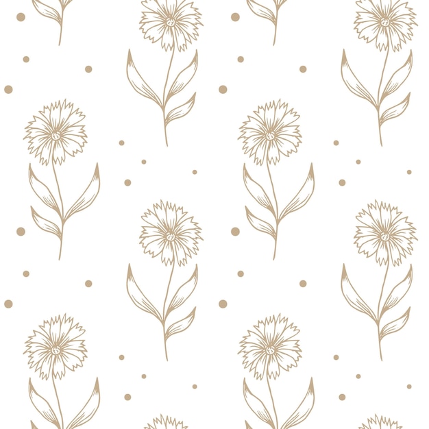 Nahtloses muster handgezeichnete umrissblumen im doodle-stil beige-weiße farben drucken