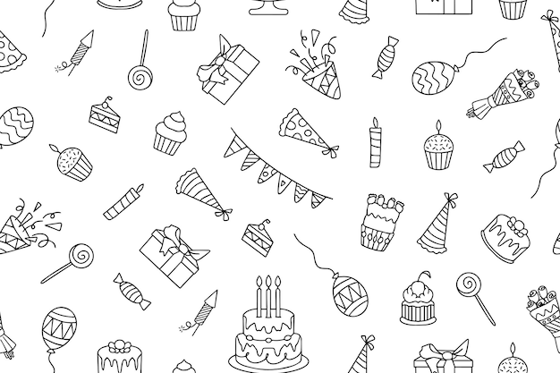 Nahtloses Muster im Doodle-Stil Set von Geburtstagsfeier-Elementen mit süßem schwarzen Linien-Design Geburtstag