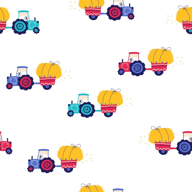 Vektor nahtloses muster ländlicher felder ein dorf der arbeit handgezeichnetes vektor-ackerland mit traktor und heu trendige helle palette im doodle-stil für babydrucke