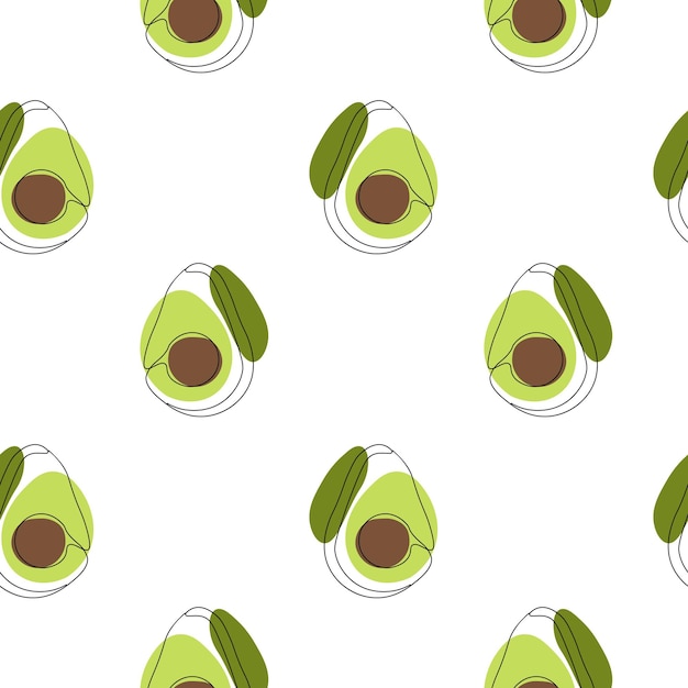 Nahtloses muster mit avocado auf weißem hintergrund kontinuierliche einzeilige zeichnung avocado schwarze strichzeichnungen auf weißem hintergrund mit bunten flecken veganes konzept