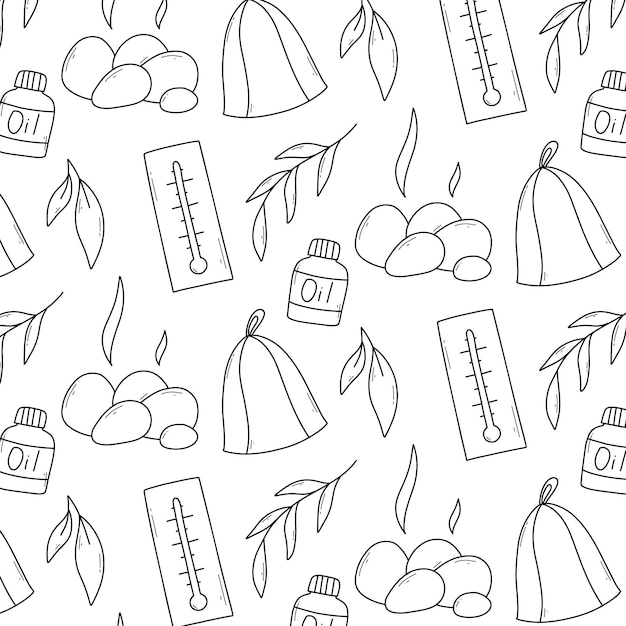 Nahtloses muster mit badelementen im doodle-stil vektorgrafiken liniendruck mit hutthermometeröl und blättern