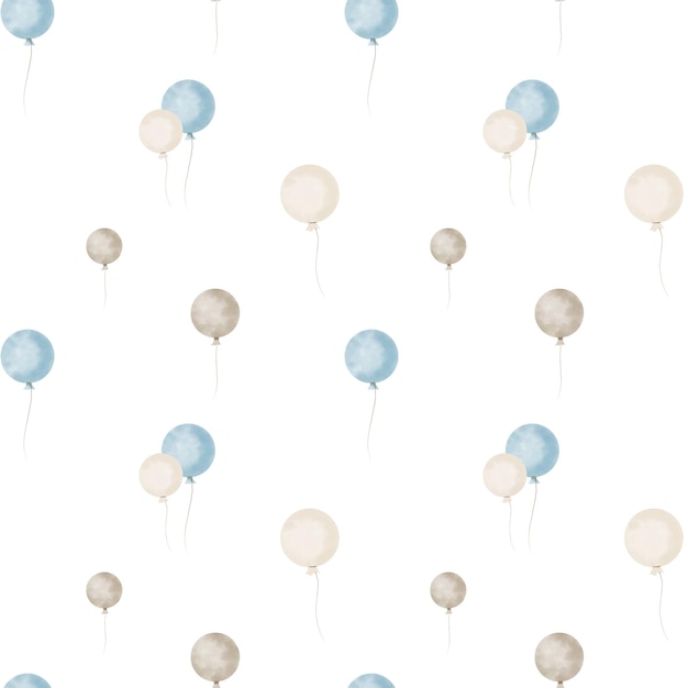 Nahtloses Muster mit blauen Luftballons Aquarell handgemalter Hintergrund für Babytextildesign oder Geburtstagsfeier