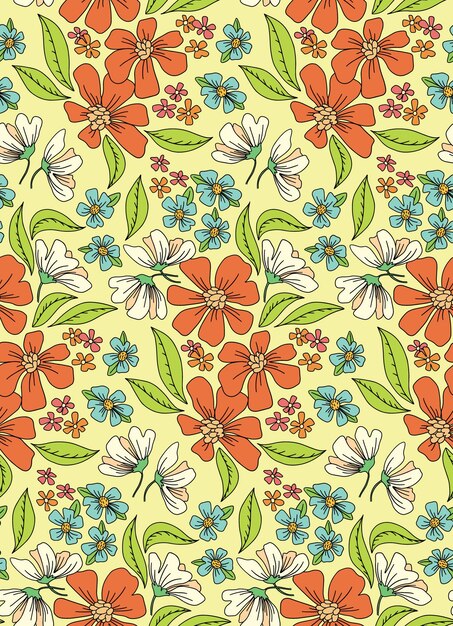 Nahtloses muster mit blumen und blättern im retro-stil blumenmuster frischer hippie-druck vektorillustration mit einer vielzahl von konturpflanzen, blumen und blättern