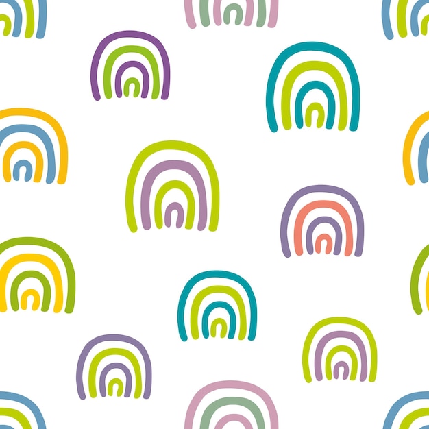 Nahtloses muster mit bunten handgezeichneten regenbogen auf weißem hintergrund
