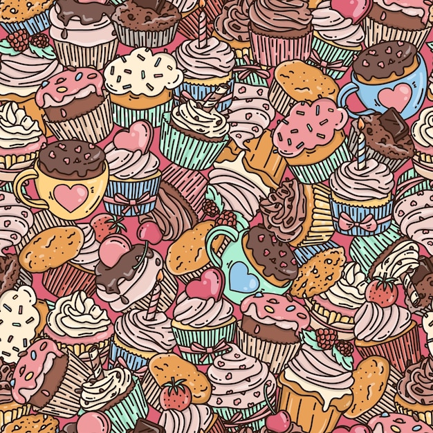 Vektor nahtloses muster mit cupcakes im doodle-stil