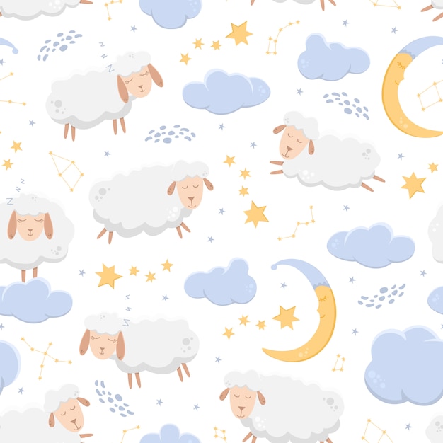 Nahtloses Muster mit den schlafenden Schafen, die über den sternenklaren Himmel unter Wolken und Konstellationen fliegen.