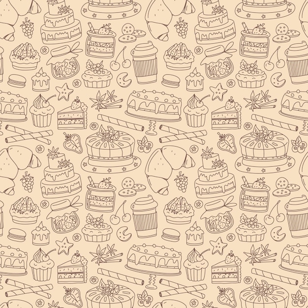 Vektor nahtloses muster mit dessert-gebäck-bäckerei-elementen vektor-doodle-hintergrund