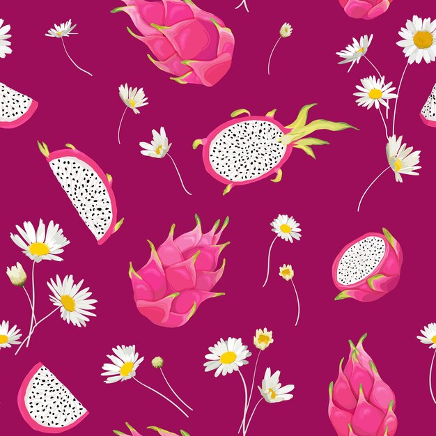 Nahtloses muster mit drachenfrüchten und gänseblümchenblume, pitaya-hintergrund. handgezeichnete vektorillustration im aquarellstil für romantische sommerabdeckung, tropische tapete, vintage-textur