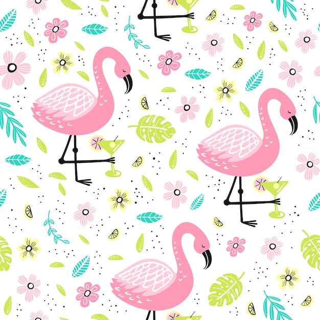 Nahtloses Muster mit Flamingo und handgezeichneten Elementen