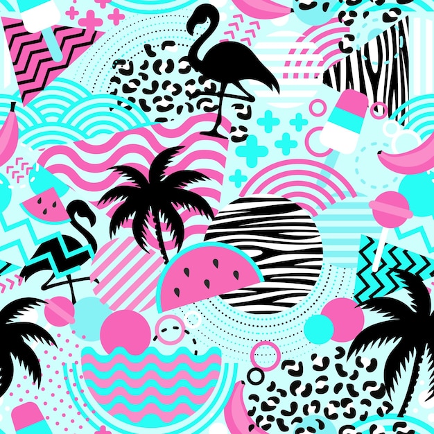 Nahtloses Muster mit Flamingos und Palmen Exotischer Hawaii-Hintergrund