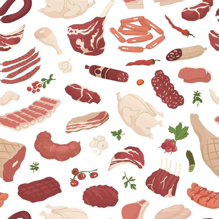 Vektor nahtloses muster mit fleischprodukten und gemüse frisches hühner, rindfleisch, schweinefilet und würstchen konzept für bauernhöfe und lebensmittelmärkte vektorillustration isoliert auf weißem hintergrund