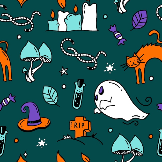 Nahtloses Muster mit Halloween-Elementen Vektor-Designillustration im Doodle-Stil auf dunkelgrün