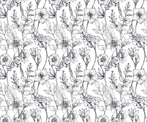 Nahtloses Muster mit handgezeichneten Blumen und Pflanzen im Skizzenstil.