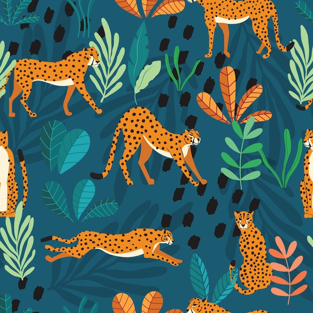 Vektor nahtloses muster mit handgezeichneten exotischen geparden der großen katze, mit tropischen pflanzen und abstrakten elementen auf dunkelgrünem hintergrund.