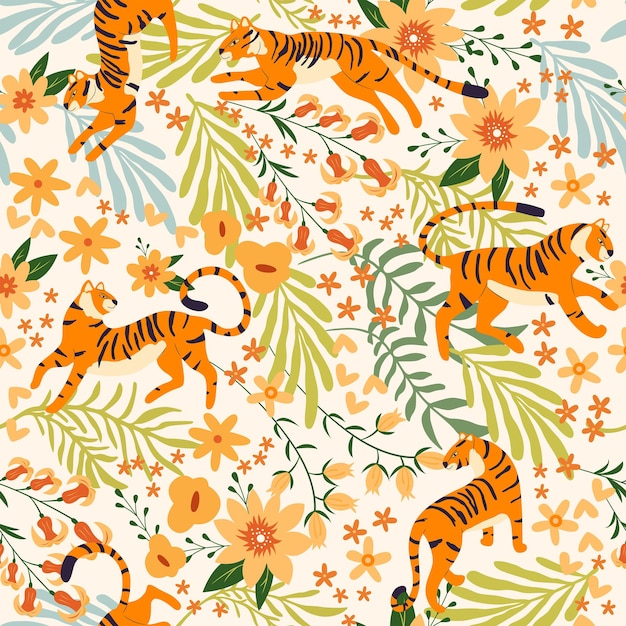 Nahtloses Muster mit handgezeichneten exotischen Raubkatzentigern mit tropischen Pflanzen, Blumen und abstrakten Elementen auf weißem Hintergrund Bunte flache Vektorillustration