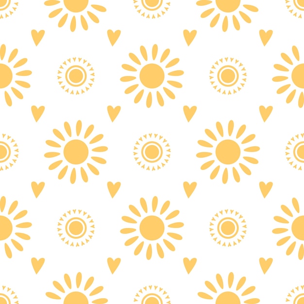Nahtloses muster mit handgezeichneten gelben doodle-sonnen auf weißem hintergrund sonnensymbole sonniger sommer