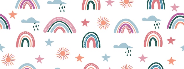 Nahtloses muster mit handgezeichneten regenbogen, sonne, wolken und sternen