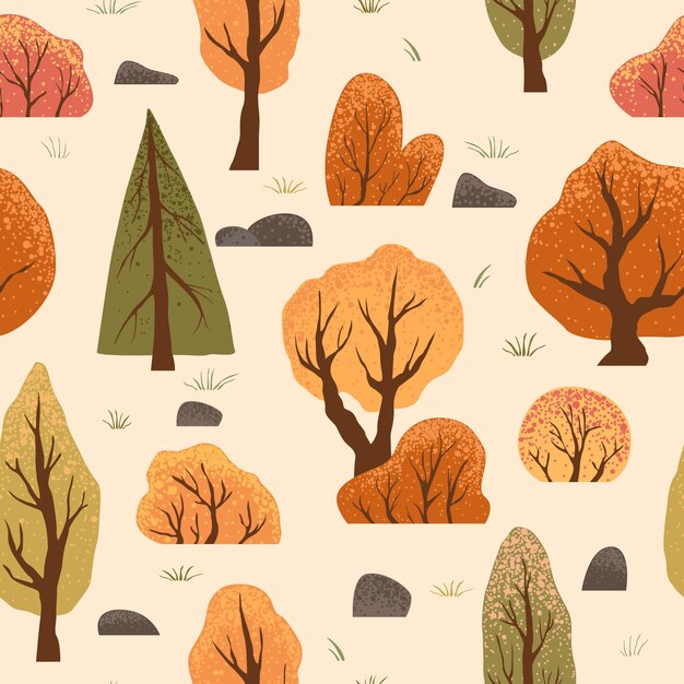 Nahtloses Muster mit Herbstbäumen und Büschen. Naturillustration im skandinavischen Stil. Herbstlandschaftshintergrund. Vektorillustration für Textiltapeten, Stoffdesign, Geschenkpapier