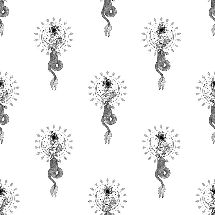 Vektor nahtloses muster mit hexe, mädchen. mystisches muster. halloween, sonne, sterne, mond, mondphasen.
