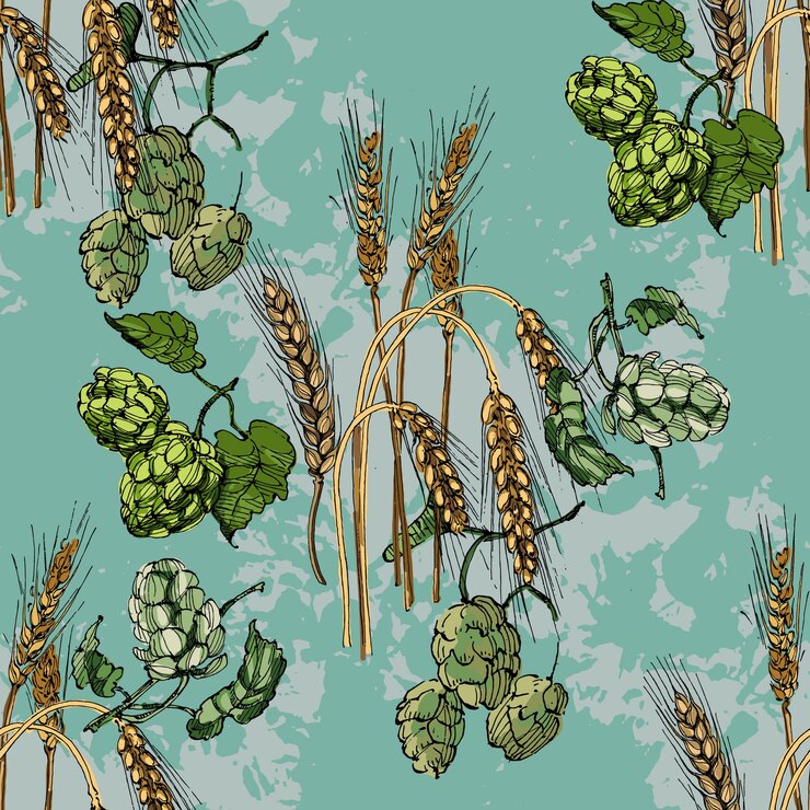 Vektor nahtloses muster mit hopfen und weizen farbskizze-stil handgezeichneter hintergrund detaillierte handgezeichneter illustration ideal für stoff- und textildrucke einladungsverpackungen oder jede gewünschte idee