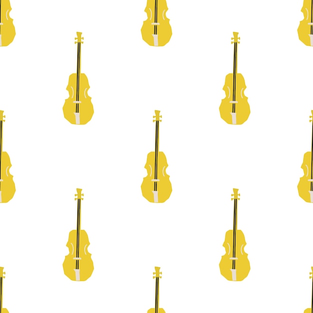 Nahtloses Muster mit Illustration des Musikinstruments Violine in gelber Farbe im Schnittstil auf weißem Hintergrund