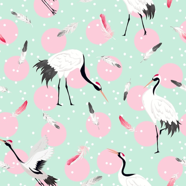 Nahtloses muster mit japanischen kränen und tropischen blumen, retro-vogel-hintergrund, blumenmode-druck, japanischer geburtstagsdekorationssatz. vektorillustration