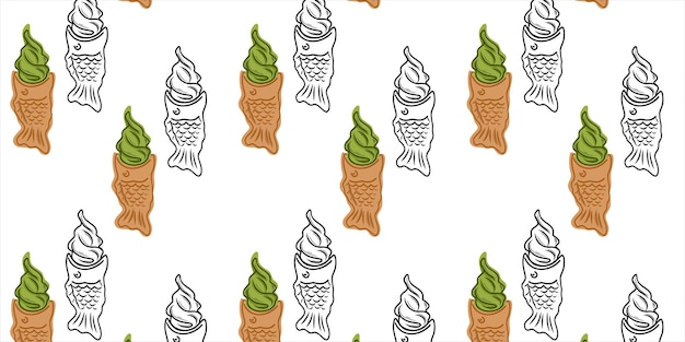 Nahtloses muster mit japanischer taiyaki-eiscreme. doodle-stil oder handzeichnung. vektor-illustration