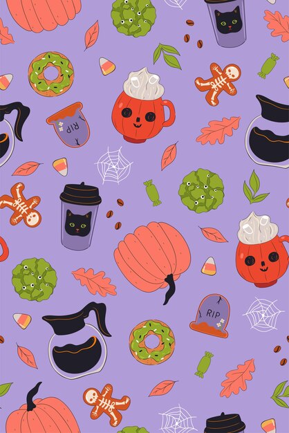Nahtloses Muster mit Kaffee und Süßigkeiten im Halloween-Stil. Vektorgrafiken