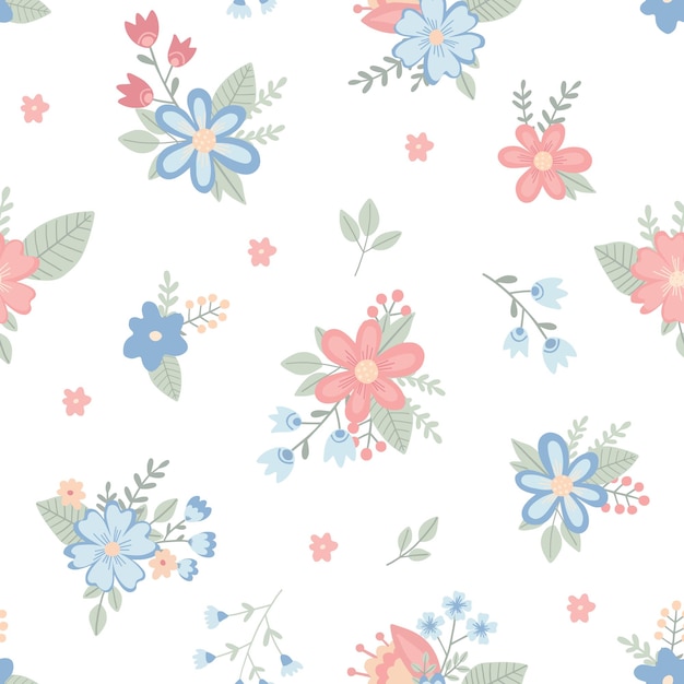 Nahtloses Muster mit kindlichen Blumen auf weißem Hintergrund Niedliche Vektorillustration in Pastellfarben mit floralen Elementen für Designstoffe und Textilien