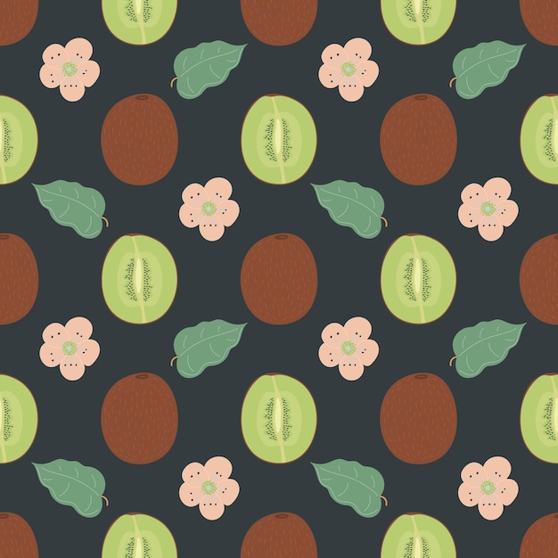 Nahtloses Muster mit Kiwi-Blüten und Blättern Fruchtmuster