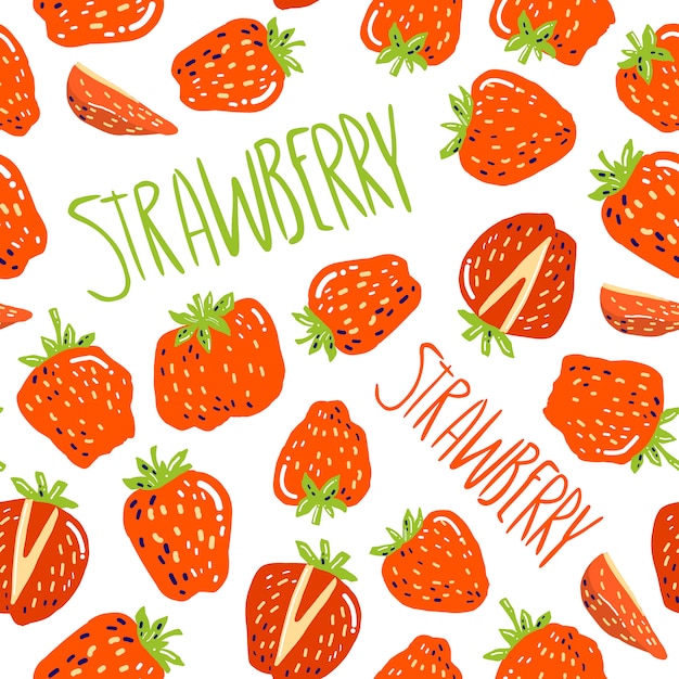 Vektor nahtloses muster mit kleinen erdbeeren und handbeschriftung erdbeere.
