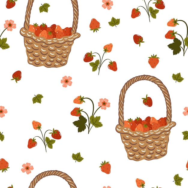 Nahtloses muster mit körben und erdbeeren auf weißem hintergrund vektorgrafiken