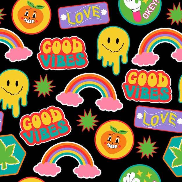Nahtloses muster mit lustigen zeichentrickfiguren emoji-pfirsich-regenbogen und verschiedenen sätzen und wörtern