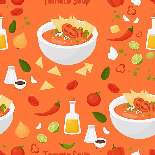 Vektor nahtloses muster mit mexikanischer tomatensuppe auf orangefarbenem hintergrund mit produkten und gemüse