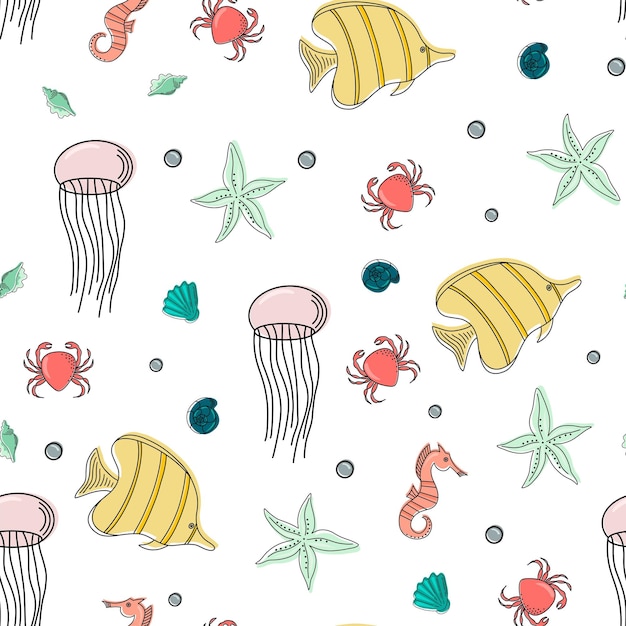Nahtloses Muster mit Muschelkorallen und Seesternfischkrabben Vektorillustration