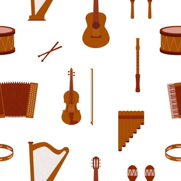 Vektor nahtloses muster mit musikinstrumenten. flacher stil. vektor-illustration