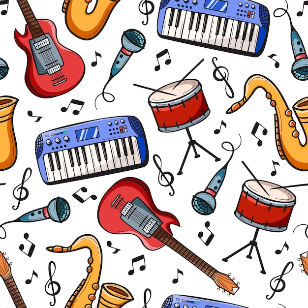 Nahtloses muster mit musikinstrumenten im doodle-stil