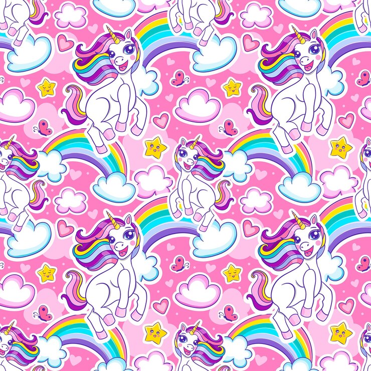 Vektor nahtloses muster mit niedlichem, fröhlichem einhorn und regenbogen. vektor endloser hintergrund