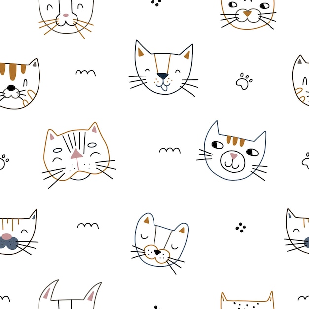 Nahtloses Muster mit niedlichen Gesichtern von Katzen Vektorillustration auf weißem Hintergrund für Ihr Design