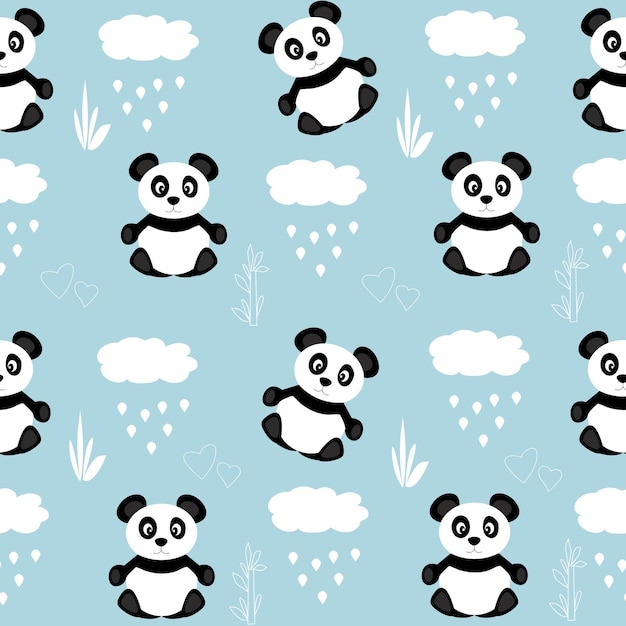 Nahtloses muster mit niedlichen schwarzen pandas und wolken mit regen