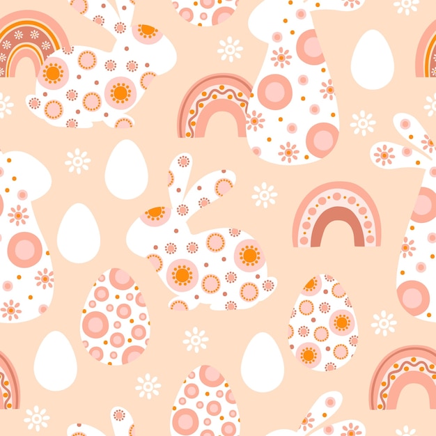 Nahtloses muster mit ostereiern, kaninchen und regenbogen im flachen stil illustration mit silhouetten hasen und eiern in pastellfarben für stofftapeten und textilien vektor