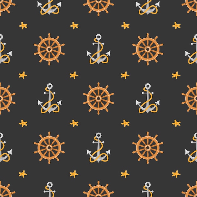 Nahtloses Muster mit Piratenanker und Lenkrad auf dunklem Hintergrund