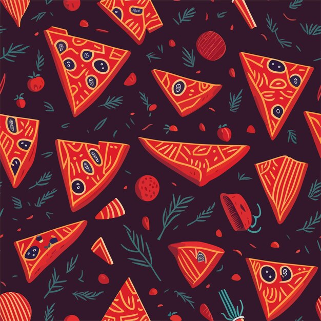 Nahtloses muster mit pizza auf dunklem hintergrund.