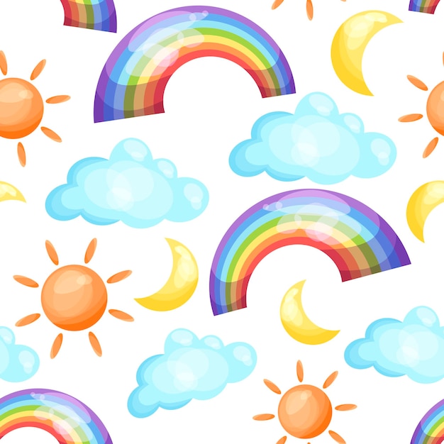 Nahtloses Muster mit Regenbogen-, Sonne-, Mond- und Wolkenvektorillustration.