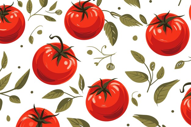 Nahtloses Muster mit reifen Tomaten und Blättern. Vektorillustration