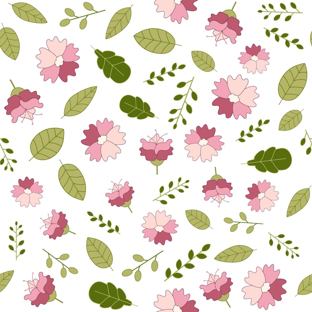 Nahtloses Muster mit rosa Blumen und Blättern Vektorillustration