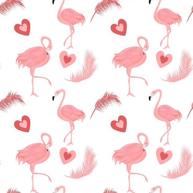 Nahtloses muster mit rosa herzen, federn und flamingos. design für stoff etc