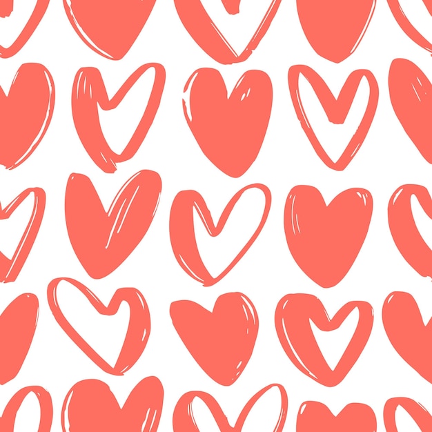 Nahtloses Muster mit roten Herzen gezeichnet mit rauen Konturlinien auf Weiß